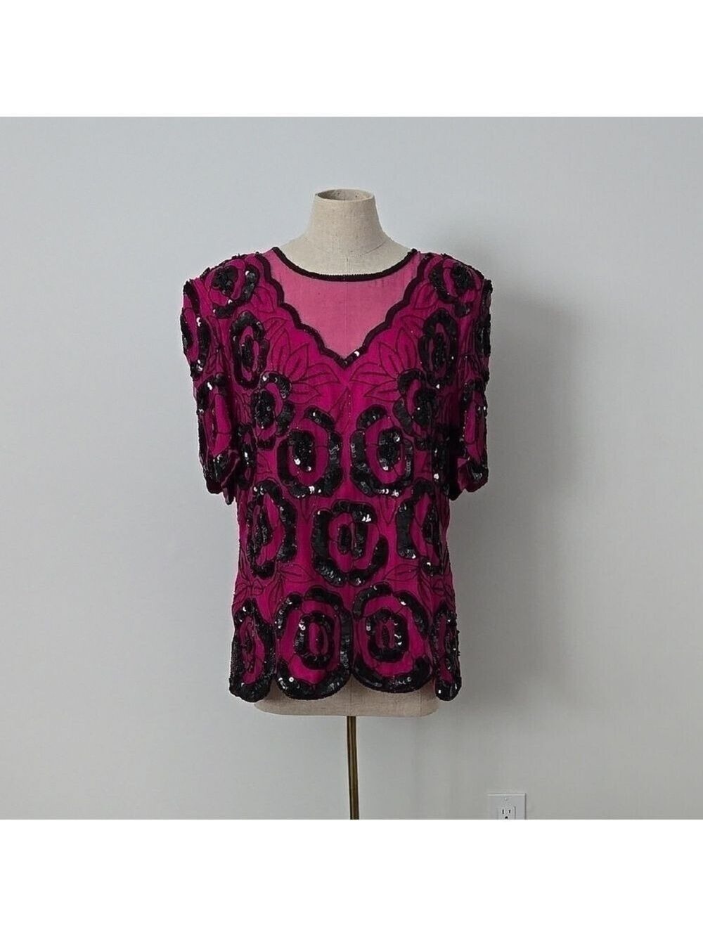 NWT Retro 80's Pink and Black Silk Sequined Evening Glam Blouse